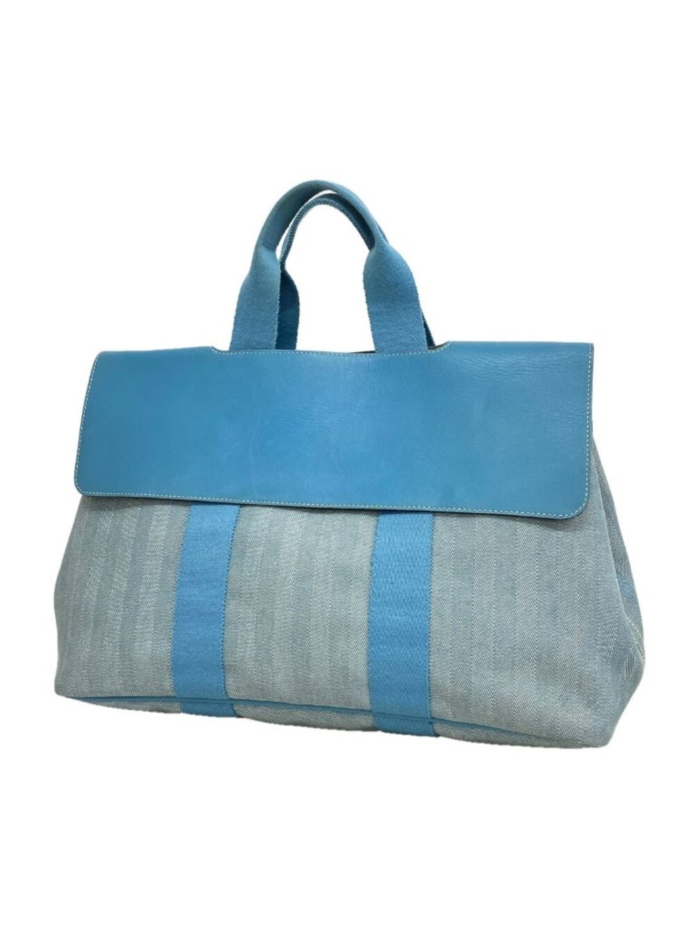 Hermes Tote Bag Valparaiso MM Toile Chevron Blue Jean Silver
